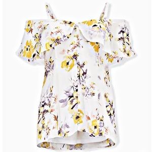 TORRID WHITE FLORAL GEORGETTE FIT & FLARE COLD SHOULDER TOP